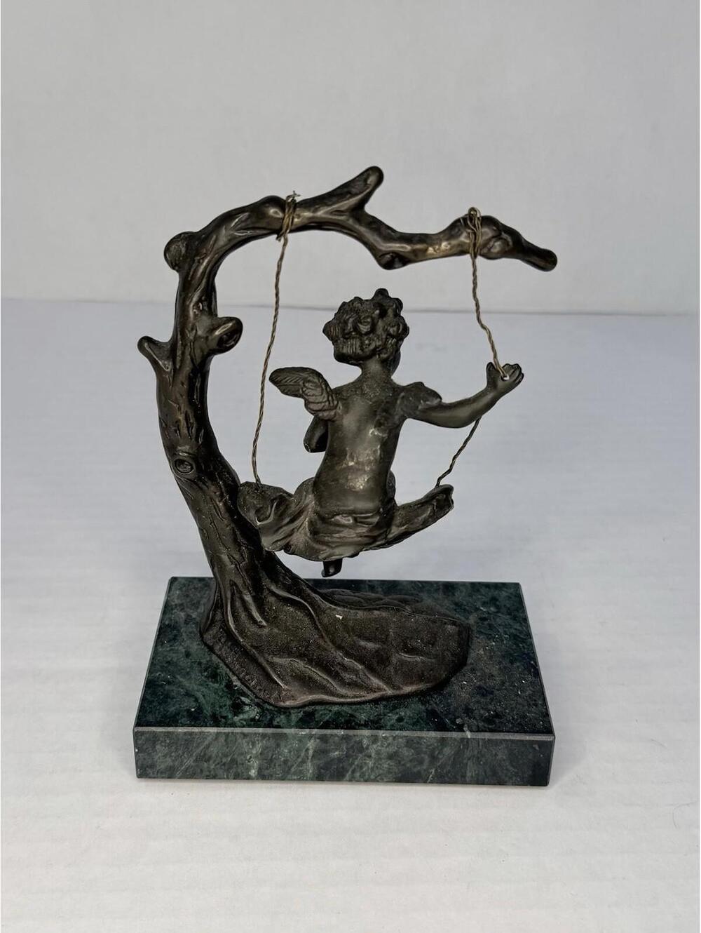 Auguste Moreau Bronze Cherub on Swing Sculpture – Green Marble Base, Signed - Picture 2 of 8